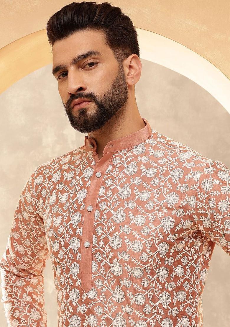 Peach Embroidered Silk Kurta For Men - Indya