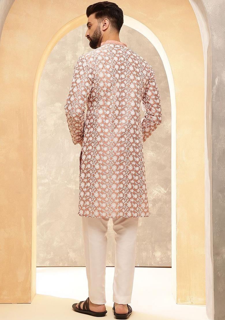 Peach Embroidered Silk Kurta For Men - Indya