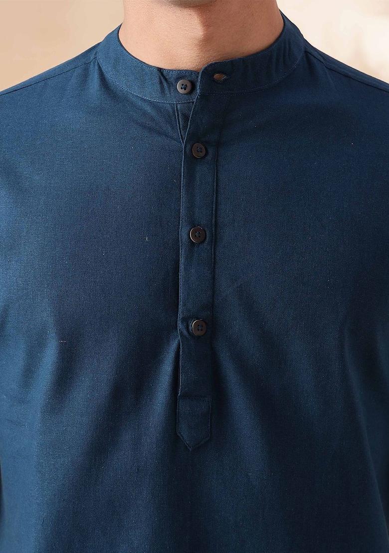 Blue Solid Cotton Kurta For Men - Indya