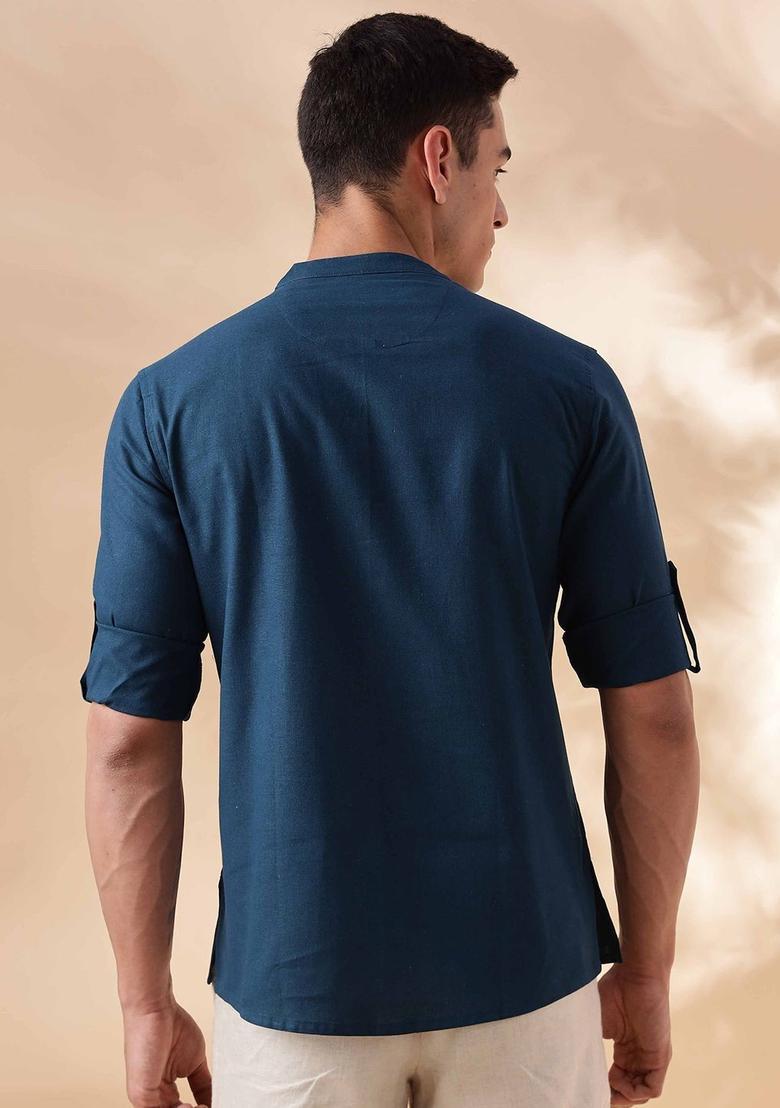 Blue Solid Cotton Kurta For Men - Indya
