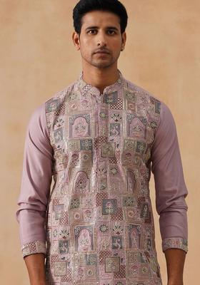 Peach Embroidered Silk Kurta For Men