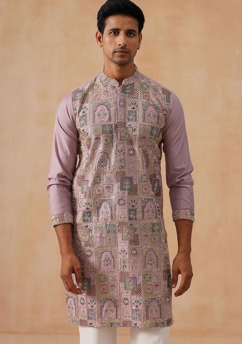 Peach Embroidered Silk Kurta For Men - Indya