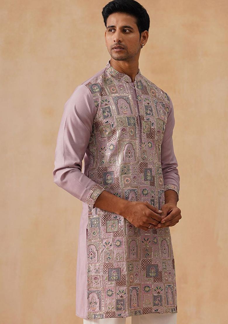 Peach Embroidered Silk Kurta For Men - Indya