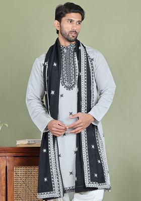 Grey Embroidered Silk Kurta With Dupatta For Men