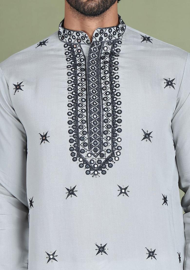 Grey Embroidered Silk Kurta With Dupatta For Men - Indya