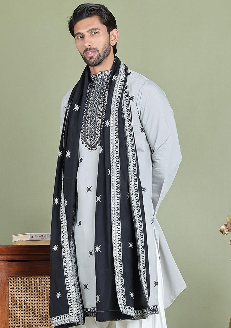 Grey Embroidered Silk Kurta With Dupatta For Men - Indya