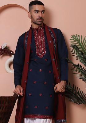Blue Embroidered Silk Kurta With Dupatta For Men