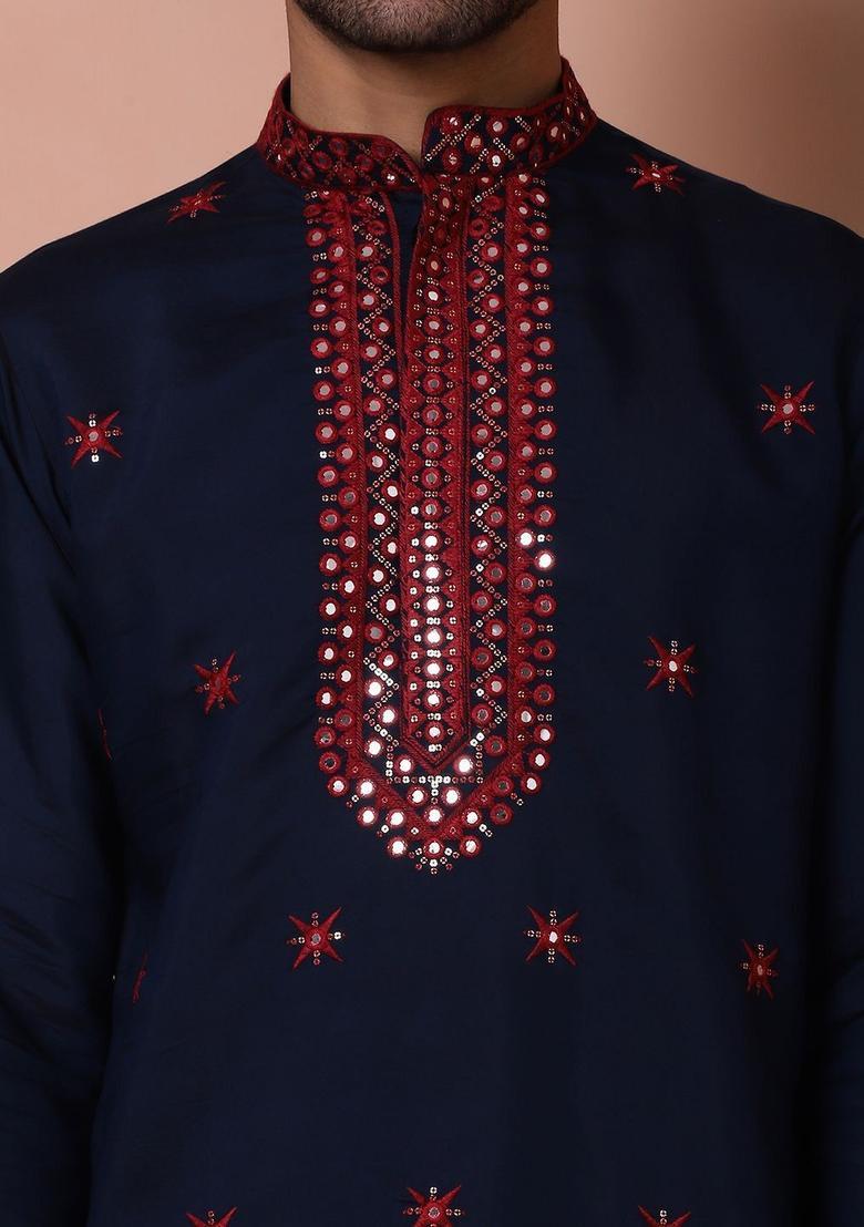 Blue Embroidered Silk Kurta With Dupatta For Men - Indya