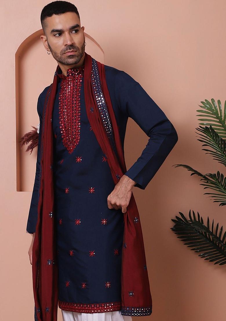 Blue Embroidered Silk Kurta With Dupatta For Men - Indya