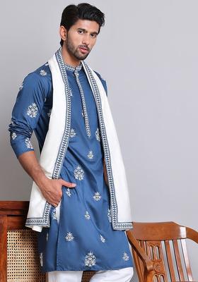 Blue Embroidered Silk Kurta With Dupatta For Men