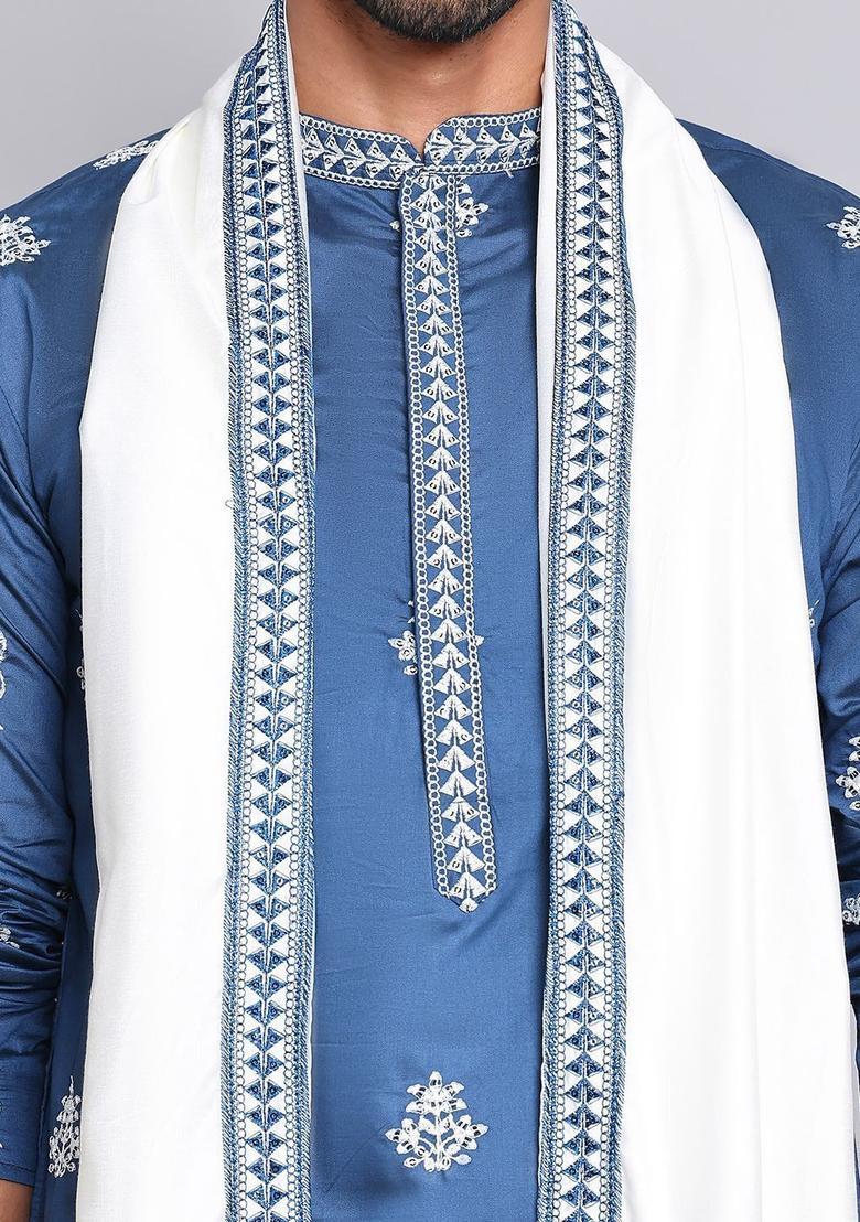 Blue Embroidered Silk Kurta With Dupatta For Men - Indya