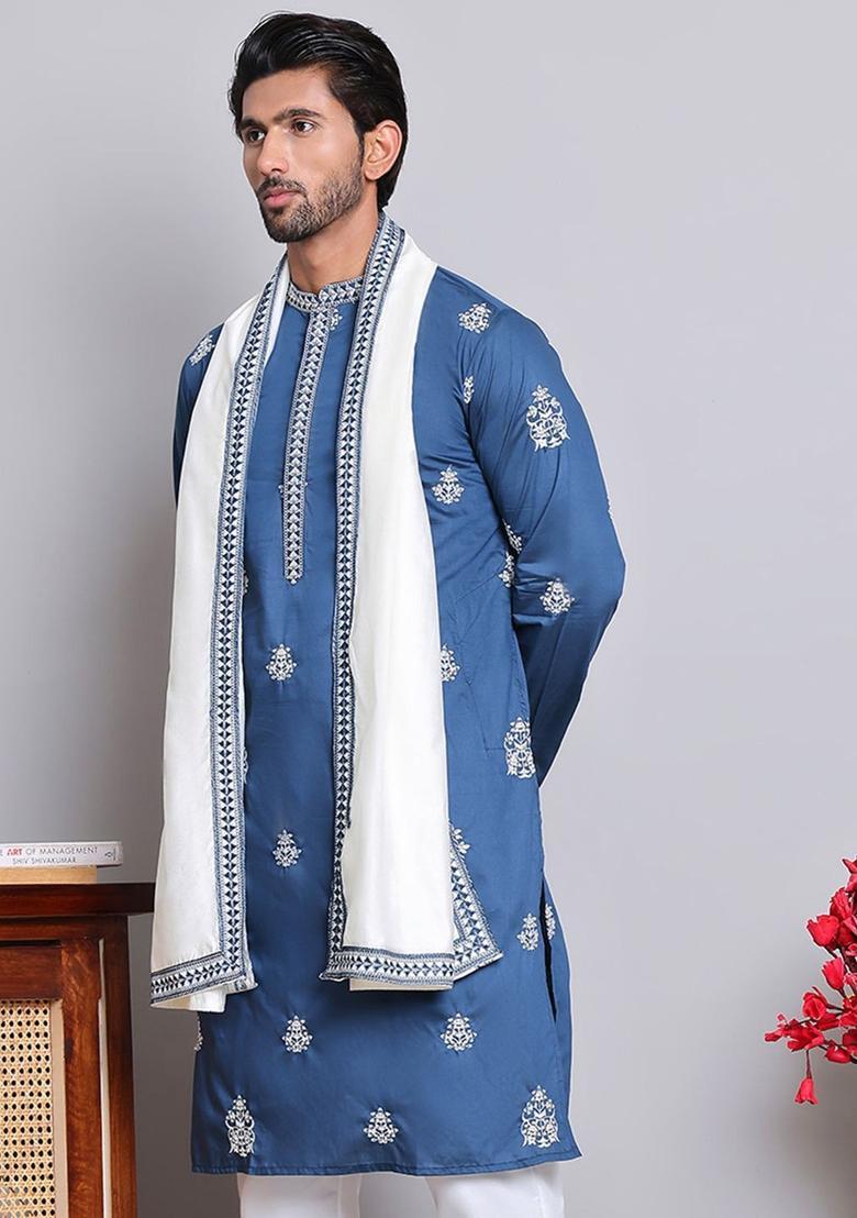 Blue Embroidered Silk Kurta With Dupatta For Men - Indya