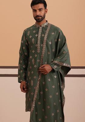 Olive Embellished Silk Kurta With Dupatta For Men