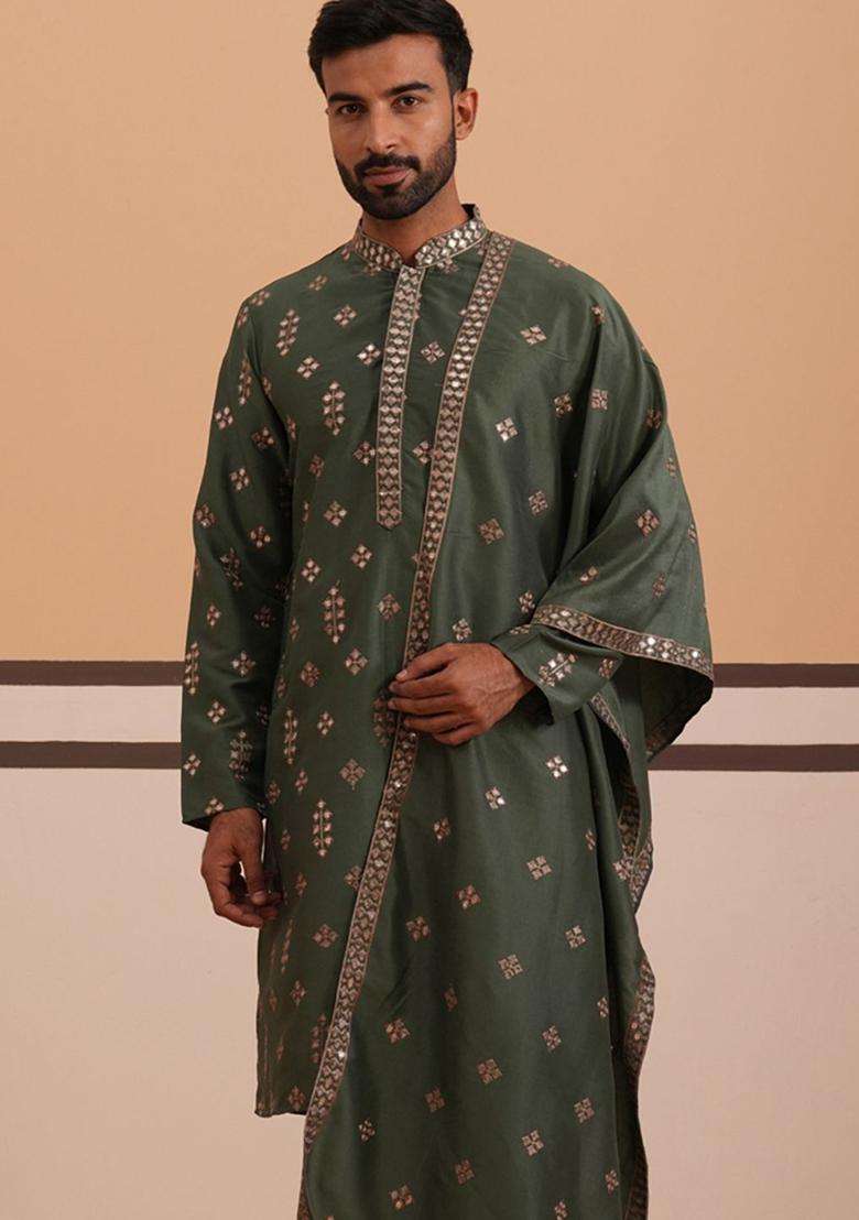 Olive Embellished Silk Blend Kurta With Dupatta For Men - Indya