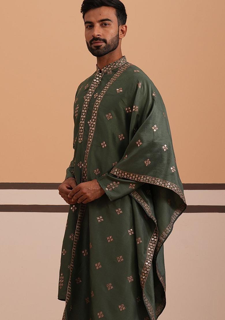 Olive Embellished Silk Kurta With Dupatta For Men - Indya