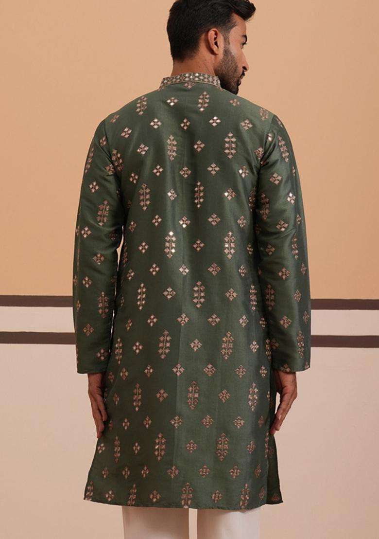 Olive Embellished Silk Blend Kurta With Dupatta For Men - Indya