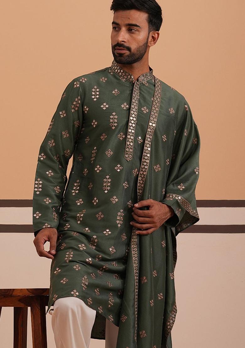 Olive Embellished Silk Kurta With Dupatta For Men - Indya