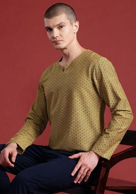 Yellow Woven Design Polyester Kurta For Men