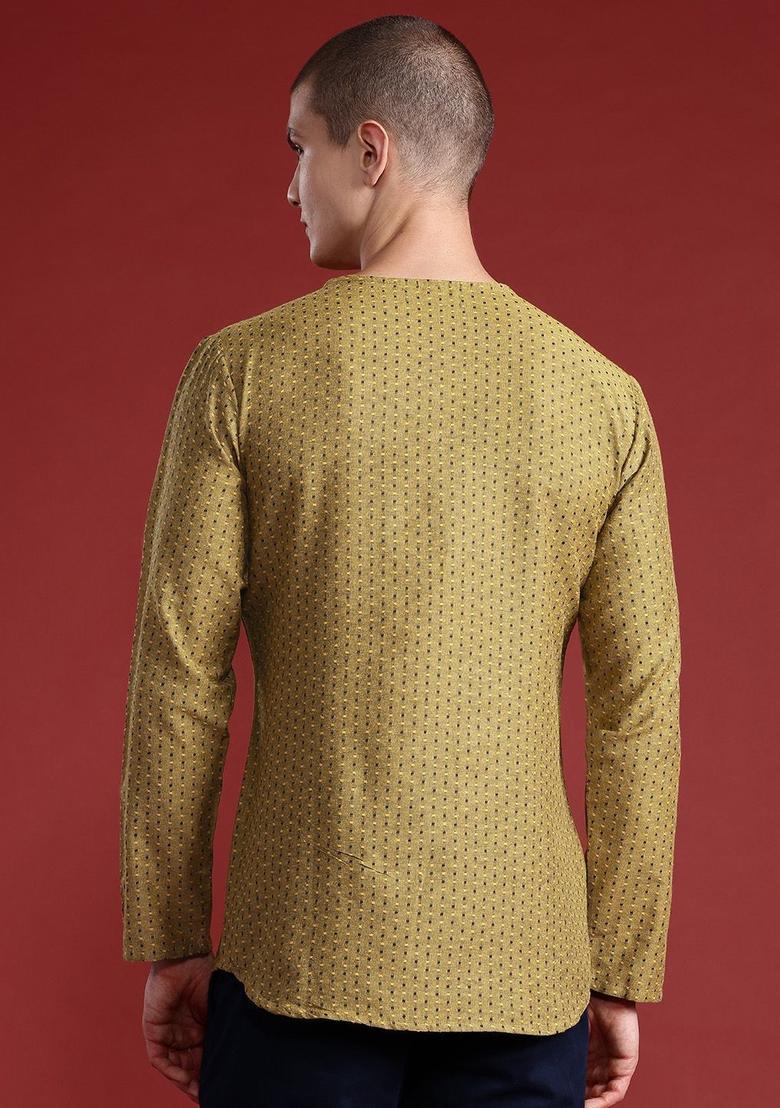 Yellow Woven Design Polyester Kurta For Men - Indya