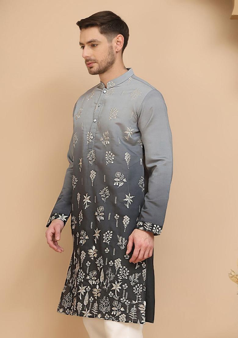 Grey Embroidered Silk Kurta For Men - Indya