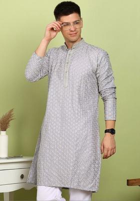 Grey Printed Viscose Kurta For Men