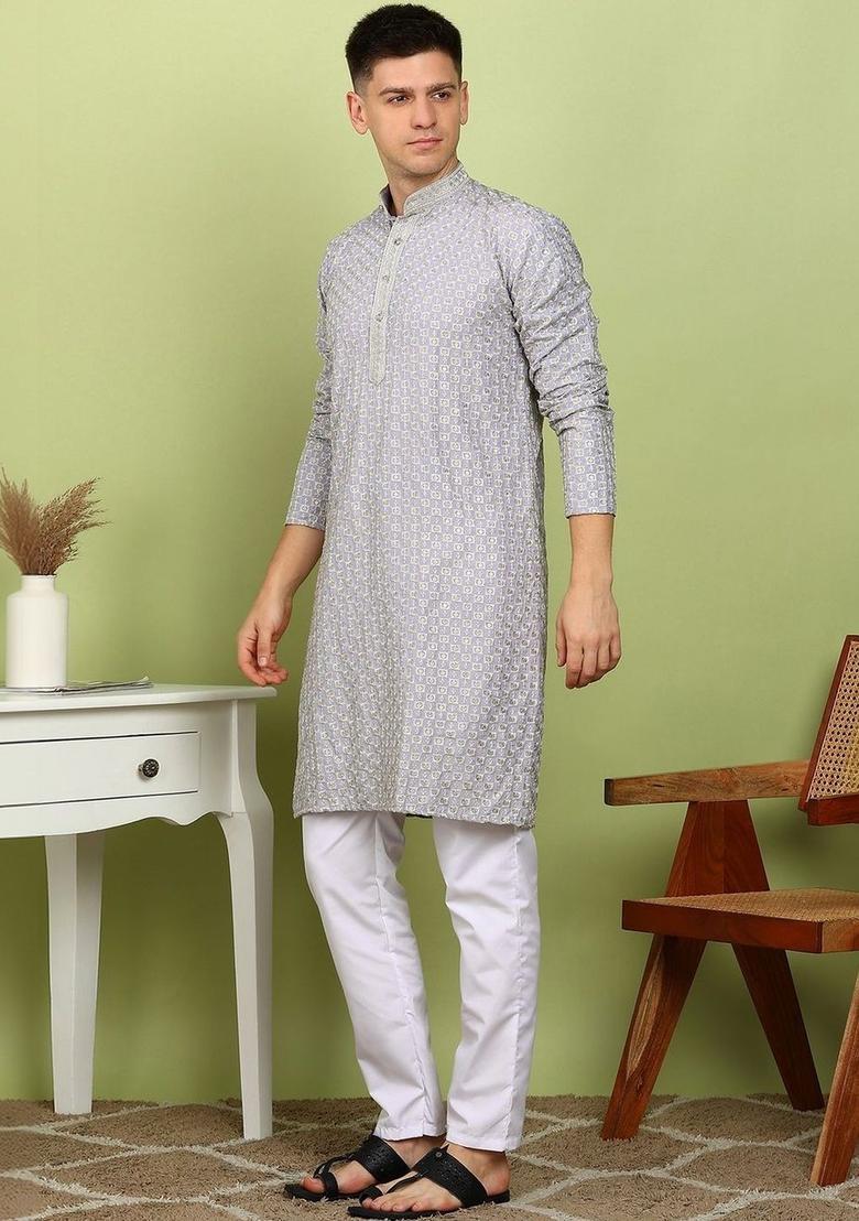 Grey Printed Viscose Kurta For Men - Indya