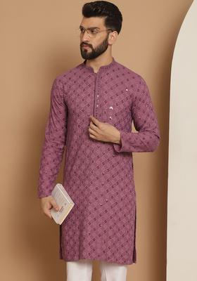 Purple Woven Design Cotton Kurta For Men