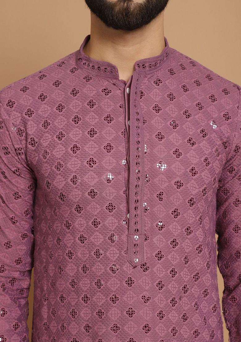 Purple Woven Design Cotton Kurta For Men - Indya