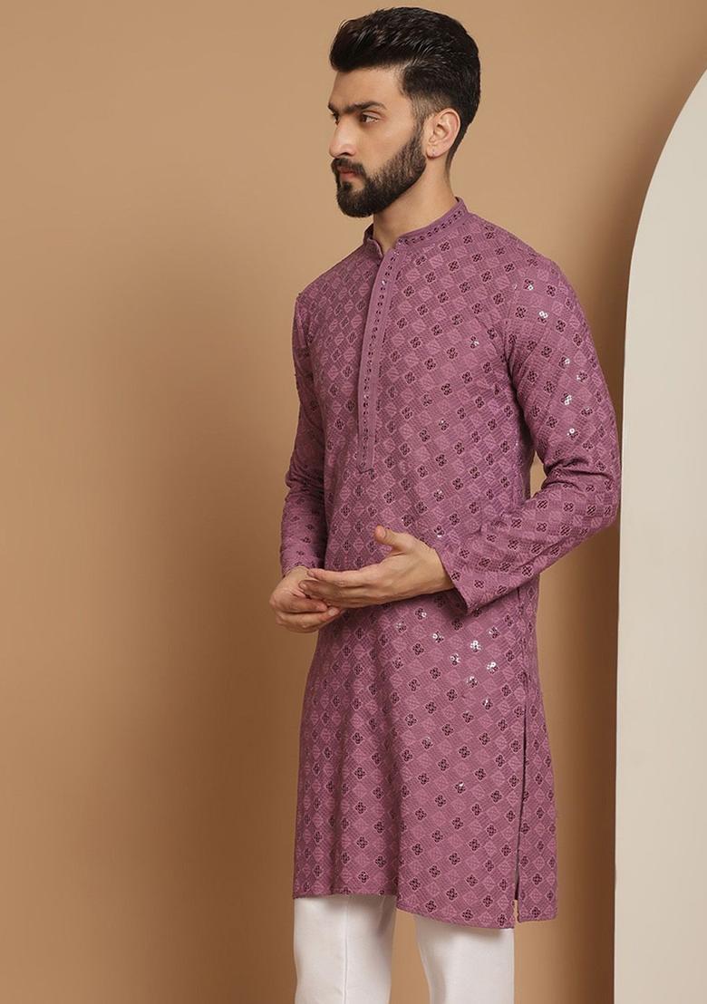 Purple Woven Design Cotton Kurta For Men - Indya