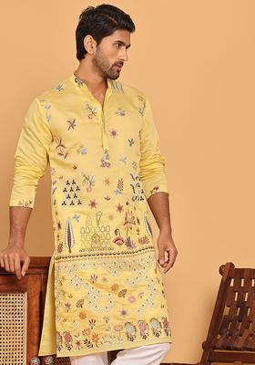 Yellow Embroidered Silk Kurta For Men