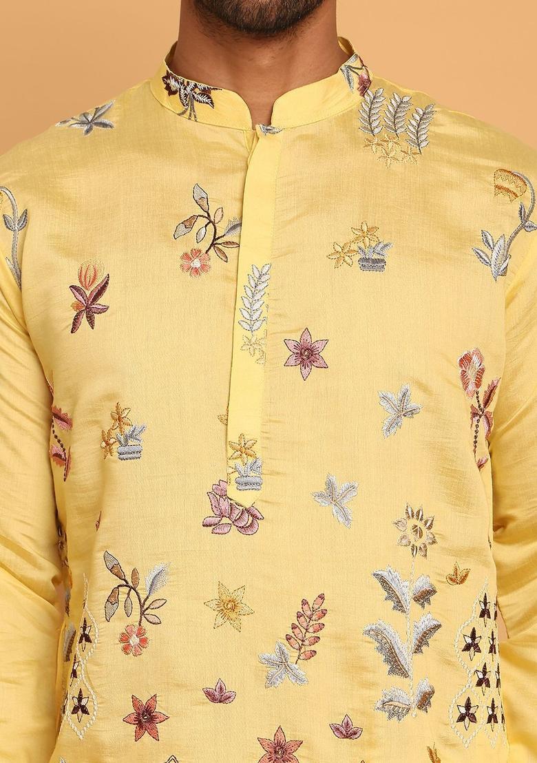 Yellow Embroidered Silk Kurta For Men - Indya