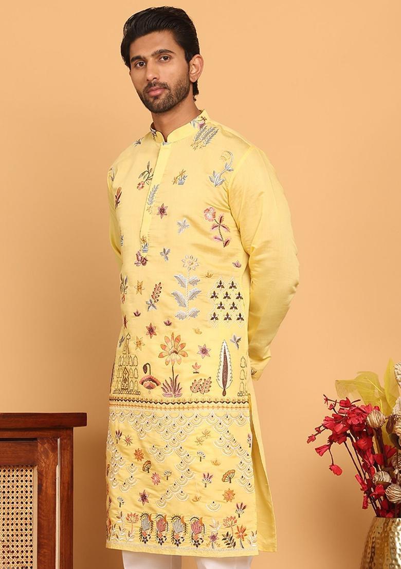 Yellow Embroidered Silk Kurta For Men - Indya