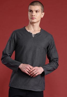 Grey Woven Design Polyester Kurta For Men