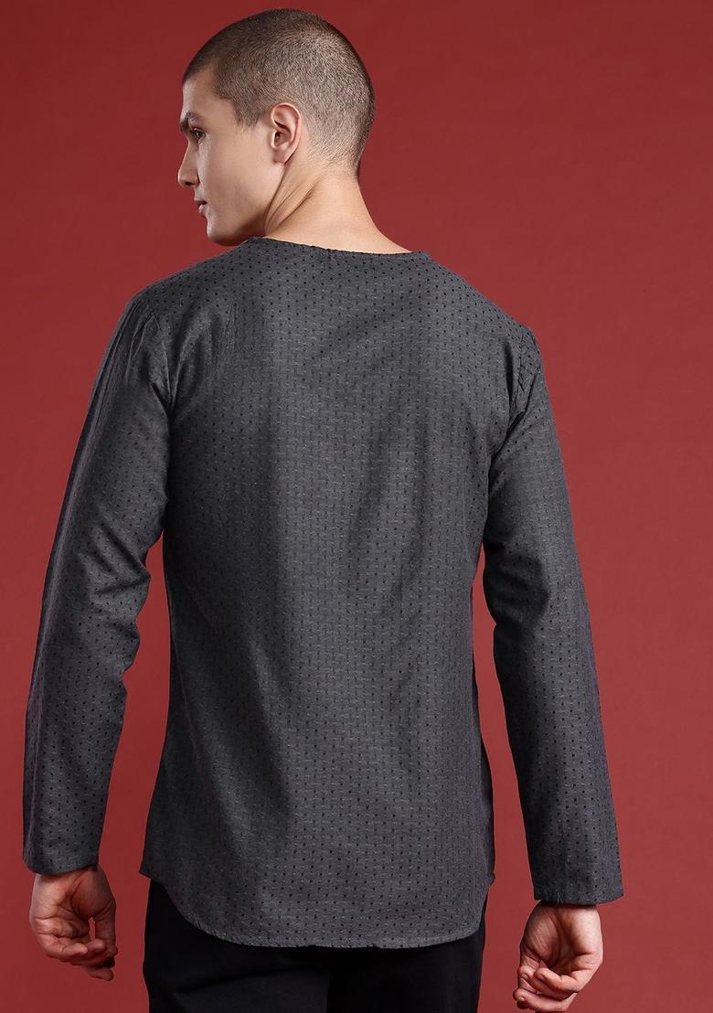 Grey Woven Design Polyester Kurta For Men - Indya