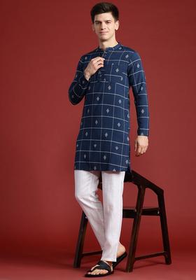 Blue Woven Design Polyester Kurta For Men