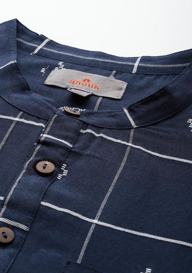 Blue Woven Design Polyester Kurta For Men - Indya