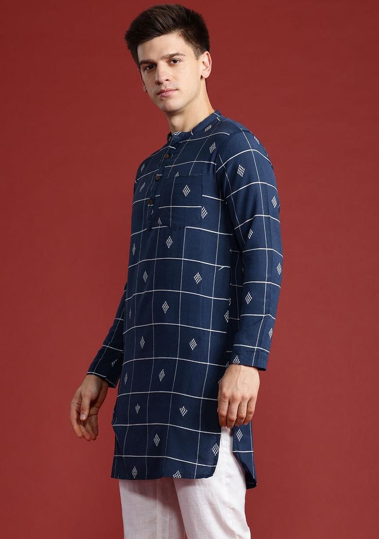 Blue Woven Design Polyester Kurta For Men - Indya
