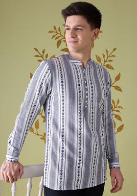 White Woven Design Cotton Kurta For Men