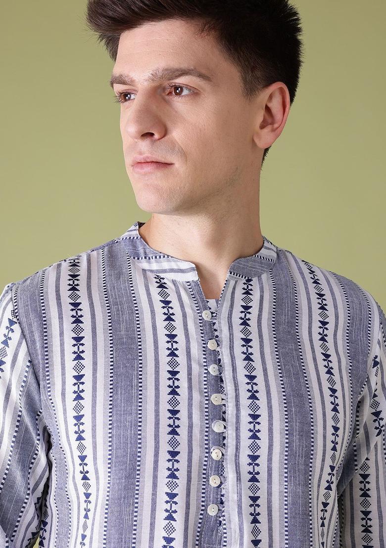 White Woven Design Cotton Kurta For Men - Indya