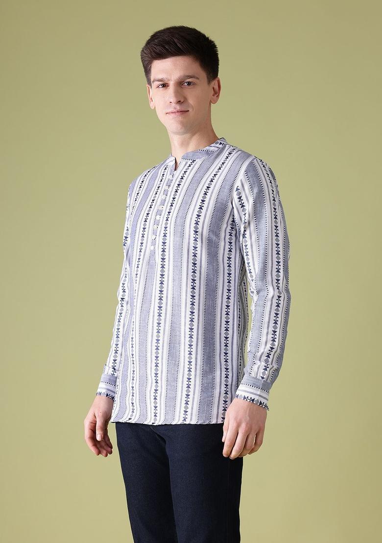 White Woven Design Cotton Kurta For Men - Indya