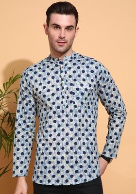 Blue Printed Cotton Kurta For Men