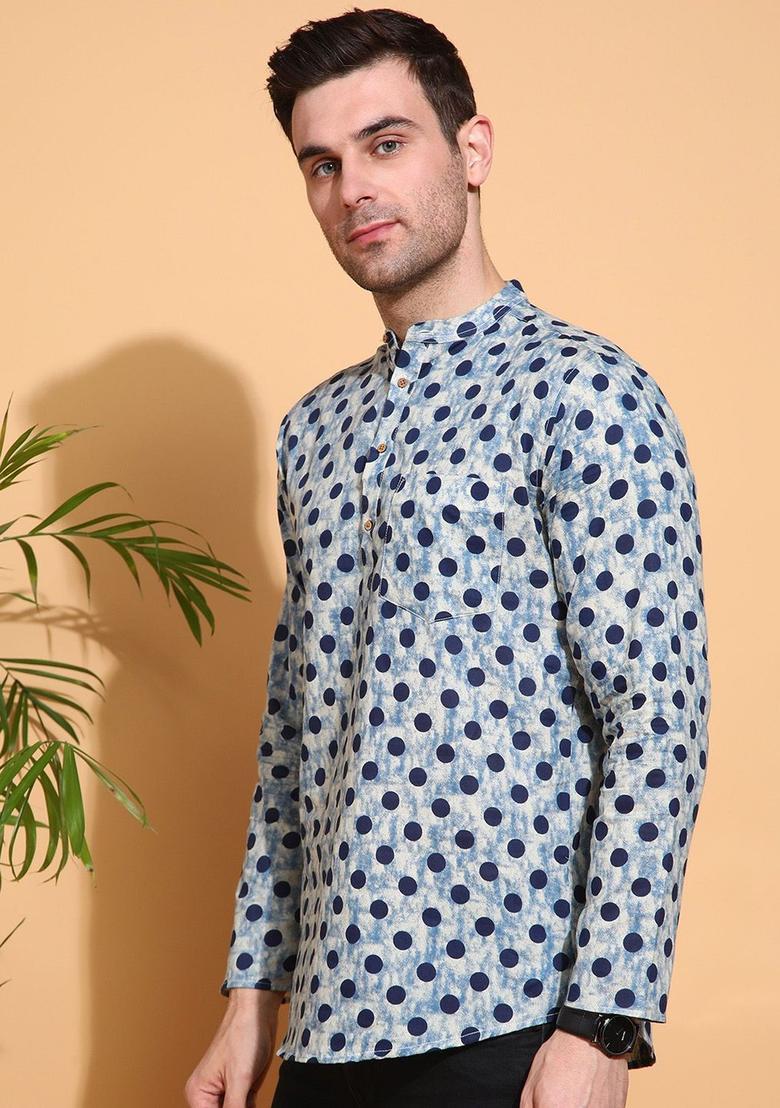 Blue Printed Cotton Kurta For Men - Indya