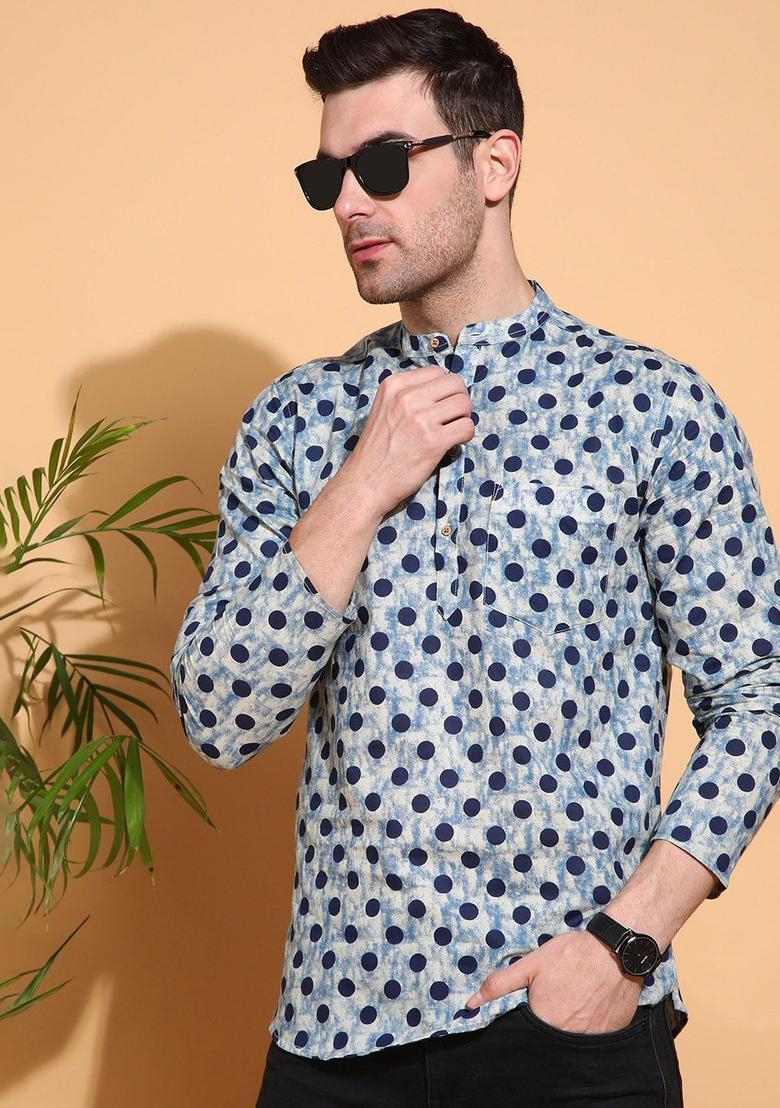 Blue Printed Cotton Kurta For Men - Indya