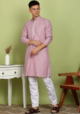 Pink Printed Viscose Kurta For Men