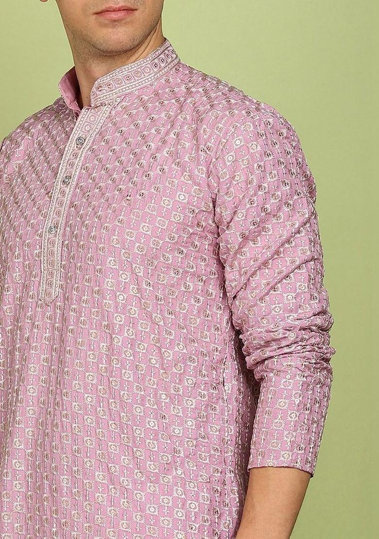 Pink Printed Viscose Kurta For Men - Indya