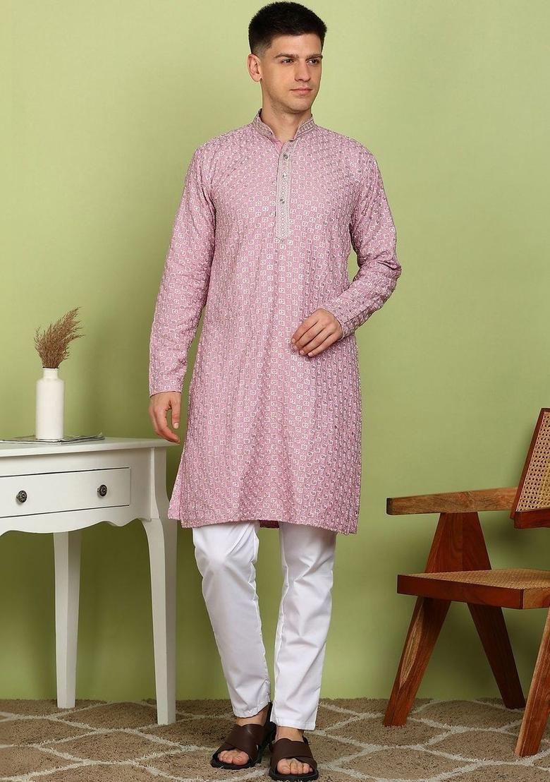 Pink Printed Viscose Kurta For Men - Indya