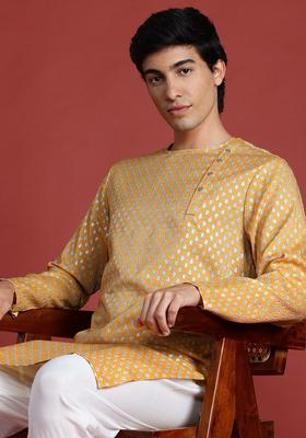 Yellow Printed Polyester Kurta For Men