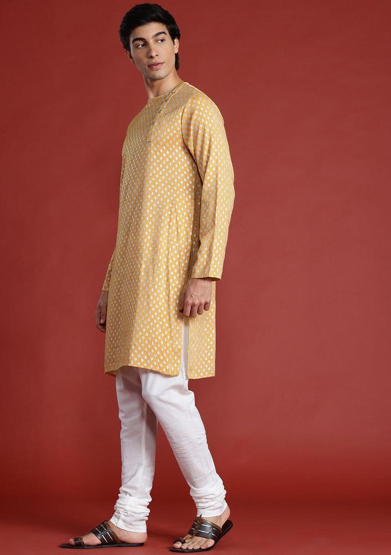 Yellow Printed Polyester Kurta For Men - Indya