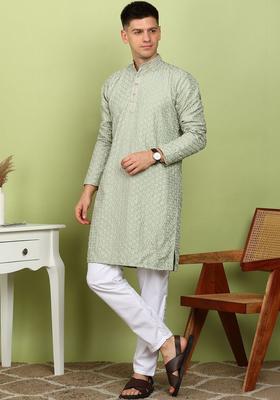 Green Printed Viscose Kurta For Men