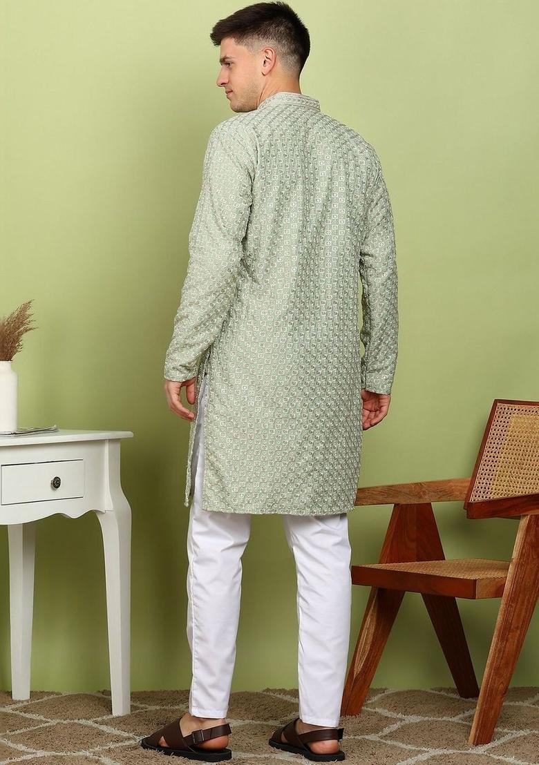 Green Printed Viscose Kurta For Men - Indya